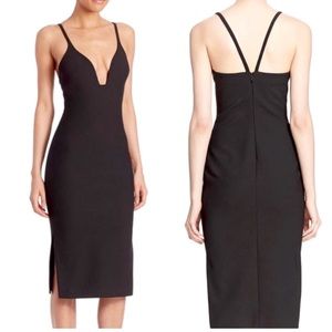 Cinq a Sept Black Midi Dress with Slit and Deep V Detail (Plunge Neckline)